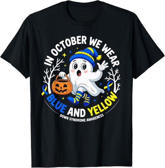 in October We Wear Yellow and Blue Down Syndrome Awareness T-Shirt - T-Shirt | Black