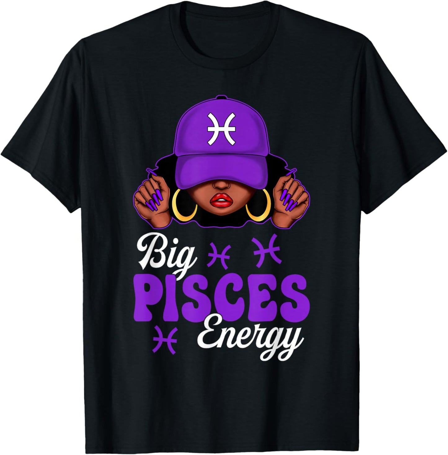 Big Pisces Energy Black Woman Purple Cap Zodiac Sign T-Shirt - T-Shirt | Black