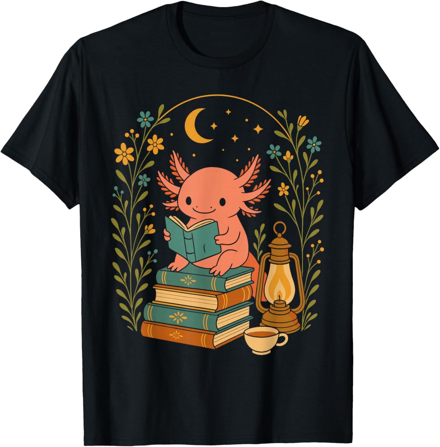 Cute Axolotl Reading Books Cozy Bookworm T-Shirt - T-Shirt | Black