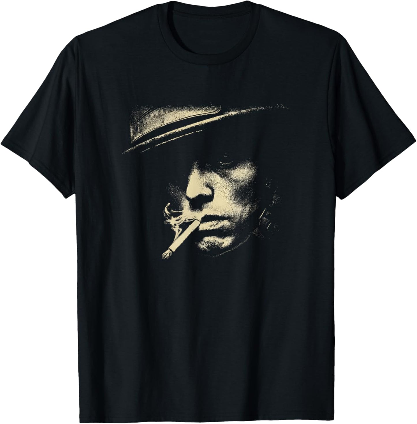Smoking Man with Hat Noir Gangster Style T-Shirt - T-Shirt | Black