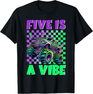 5 Year Old Five is A Vibe Monster Truck 5th Birthday Boy T-Shirt - T-Shirt | Black