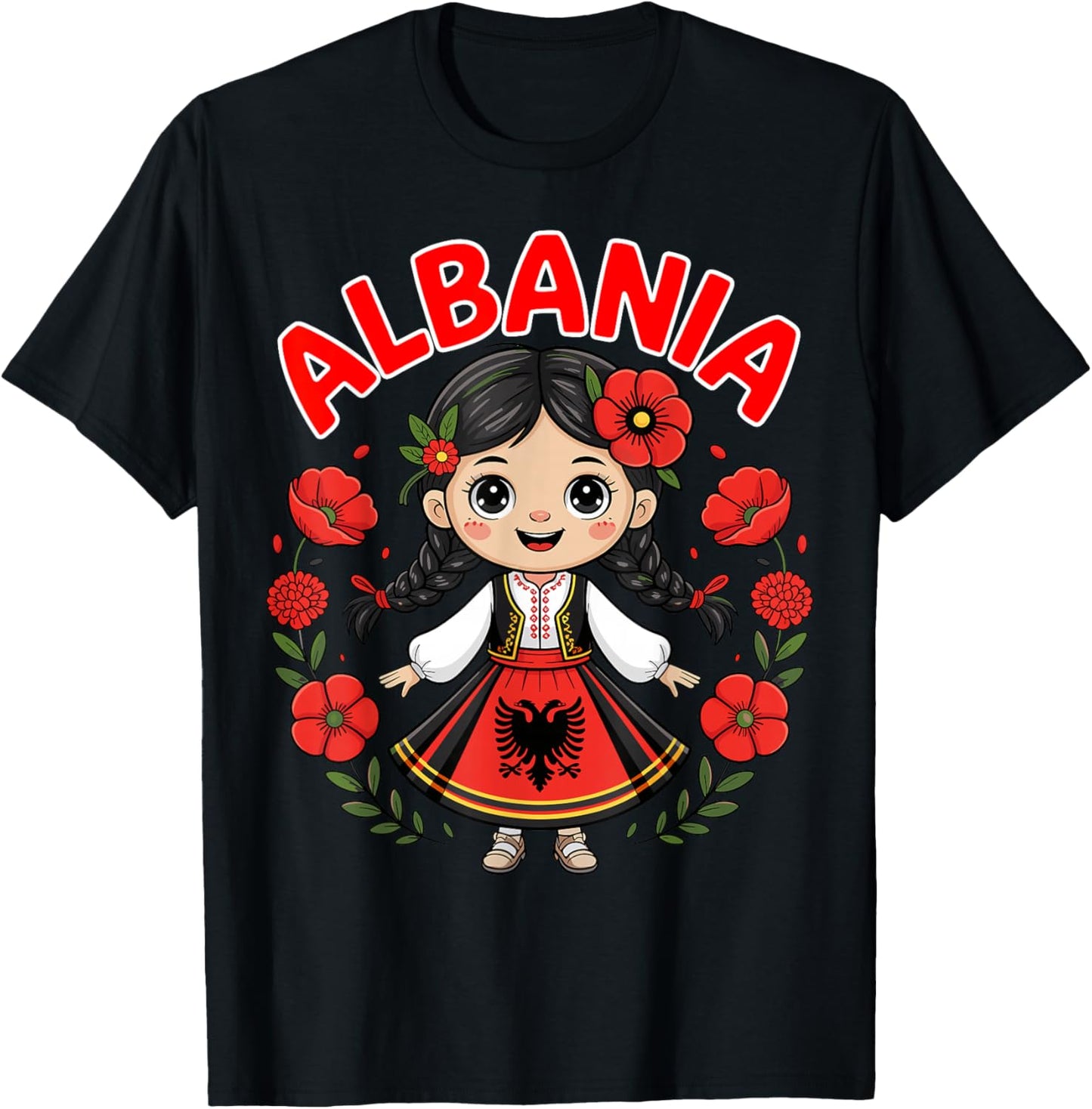Albanian Girl in Traditional Dress with Eagle Symbol Kids T-Shirt - T-Shirt | Black