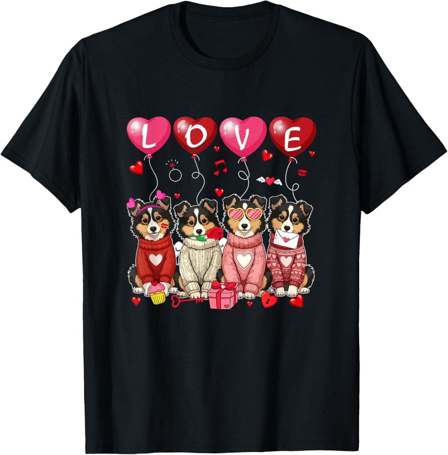 Love Group Shelties Sunglasses Valentine Owner Family Kids T-Shirt - T-Shirt | Black