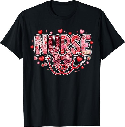 Red Healthcare ER RN CNA ICU Valentine Nurse Heart Nurses T-Shirt - T-Shirt | Black