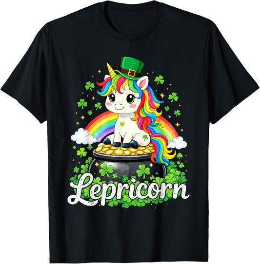 St Patricks Day Cute Unicorn Lepricorn St Pattys Girls Kids T-Shirt - T-Shirt | Black