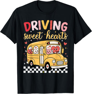 Driving Sweet Hearts School Bus Driver Cute Hearts Valentine T-Shirt - T-Shirt | Black