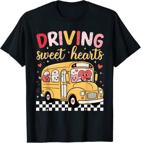 Driving Sweet Hearts School Bus Driver Cute Hearts Valentine T-Shirt - T-Shirt | Black