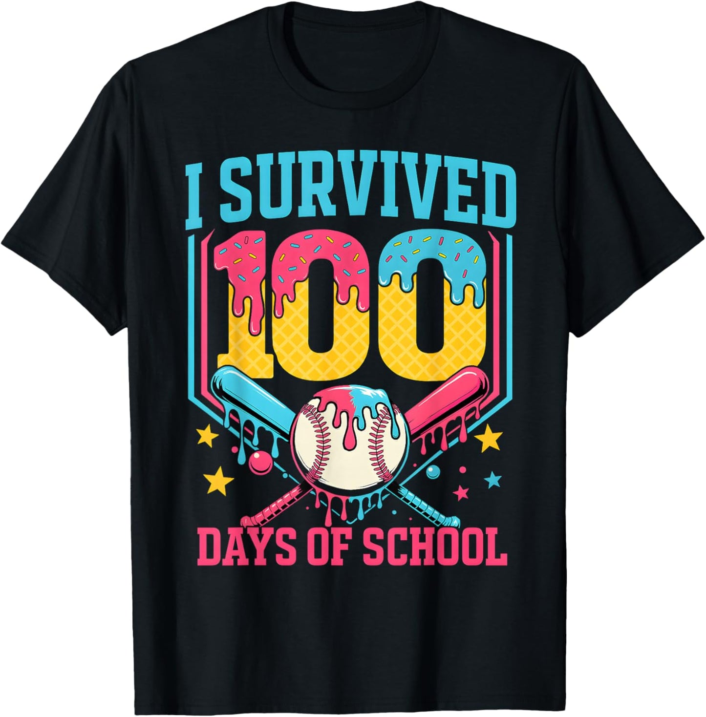 100 Days of School Baseball Drip 100 Days Boy Girl Kids T-Shirt - T-Shirt | Black