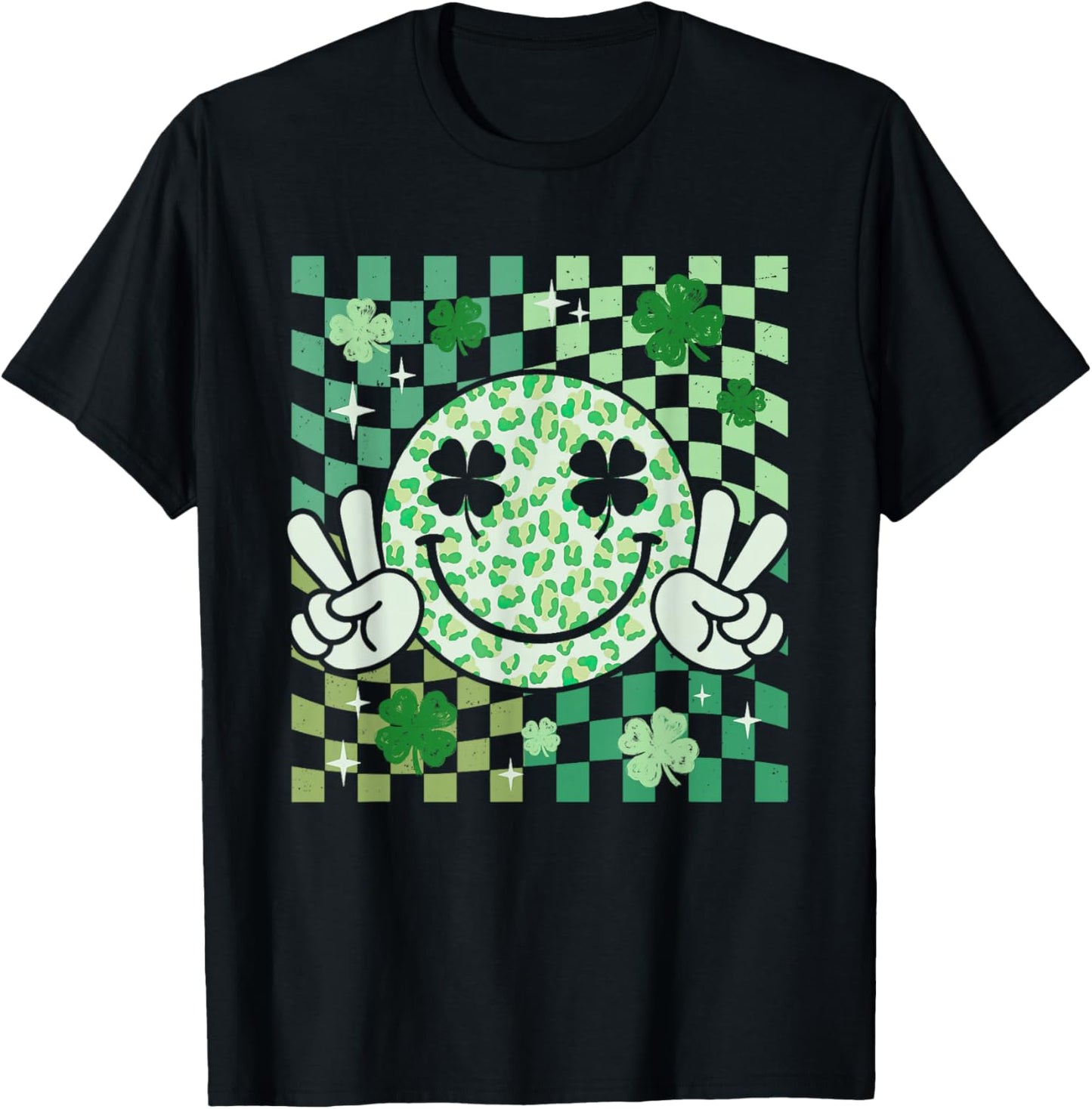 Groovy Smile Face St Patricks Day Shamrock Checker Women Kid T-Shirt - T-Shirt | Black