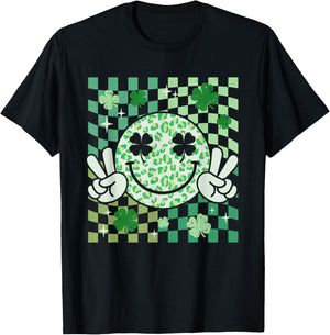 Groovy Smile Face St Patricks Day Shamrock Checker Women Kid T-Shirt - T-Shirt | Black