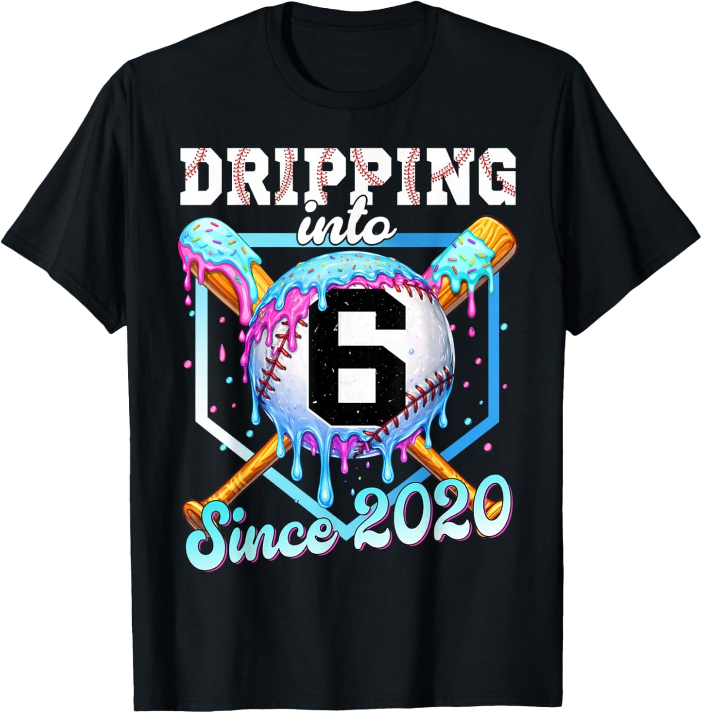 6 Years Old Baseball Ice Cream 6th Birthday Boys Since 2020 T-Shirt - T-Shirt | Black