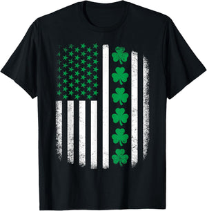 Retro US American Flag with Shamrocks for St Patricks Day T-Shirt - T-Shirt | Black