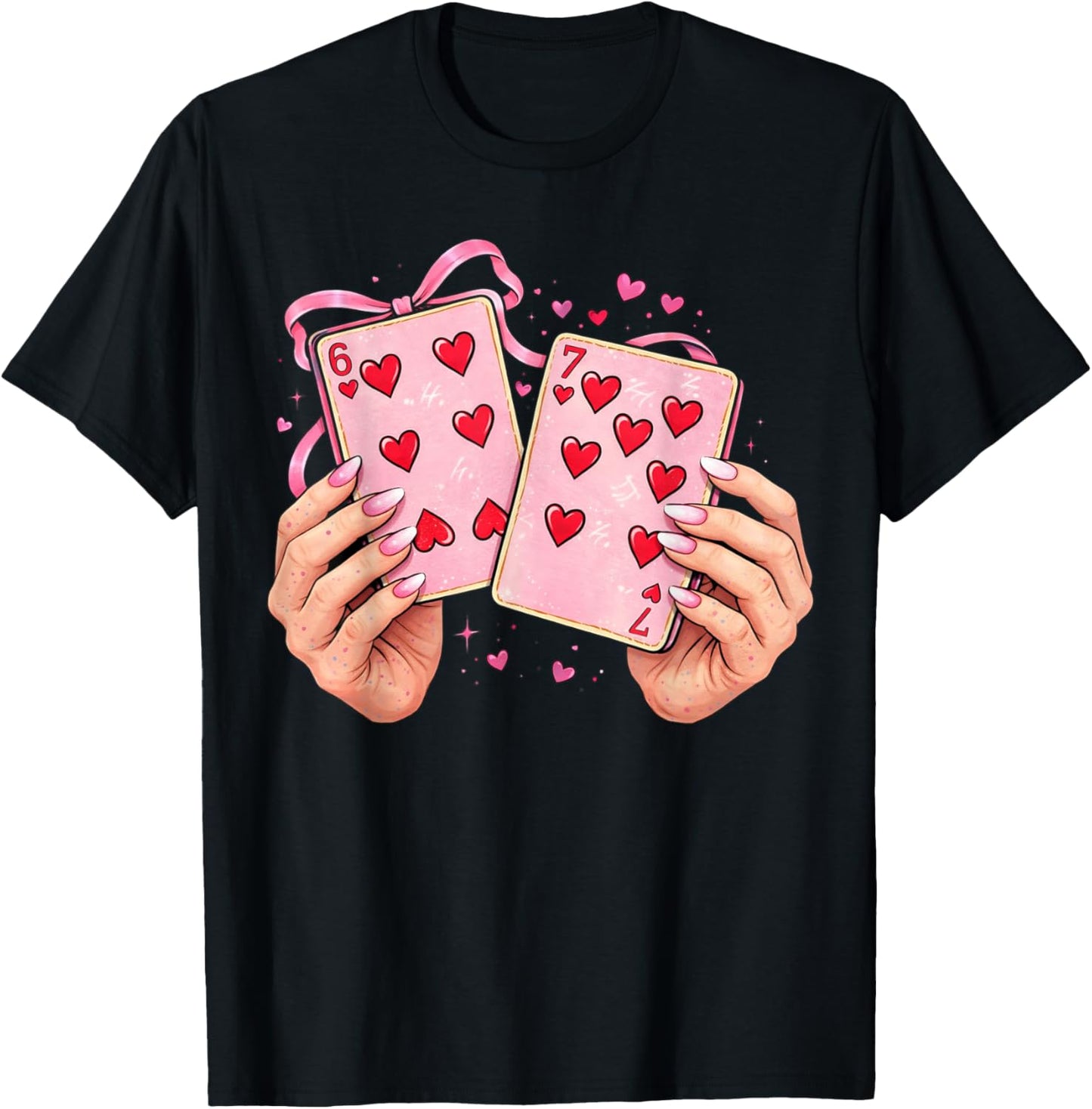 Playing Cards 6 7 of Hearts 67 Six Seven Bow Valentines Day T-Shirt - T-Shirt | Black