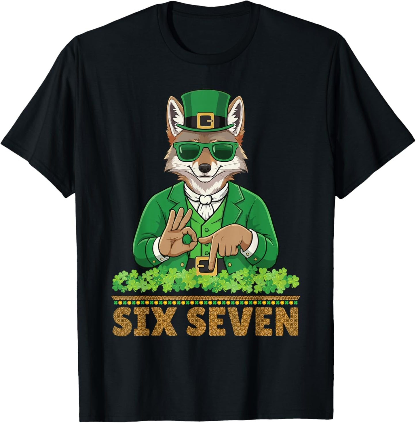 Coyote Leprechaun Six Seven Shamrocks Patrick Day Irish T-Shirt - T-Shirt | Black