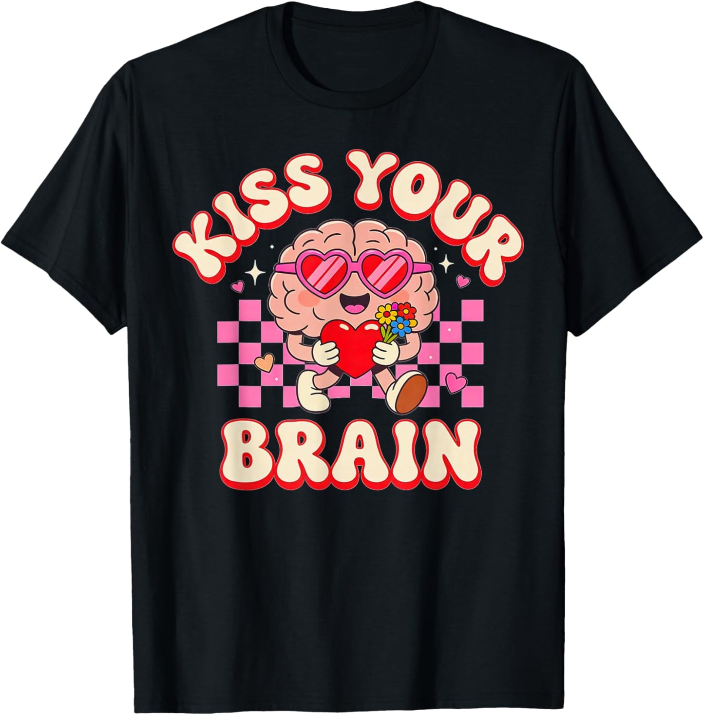 Groovy Kiss Your Brain Retro Valentines Day Teacher Kids T-Shirt - T-Shirt | Black