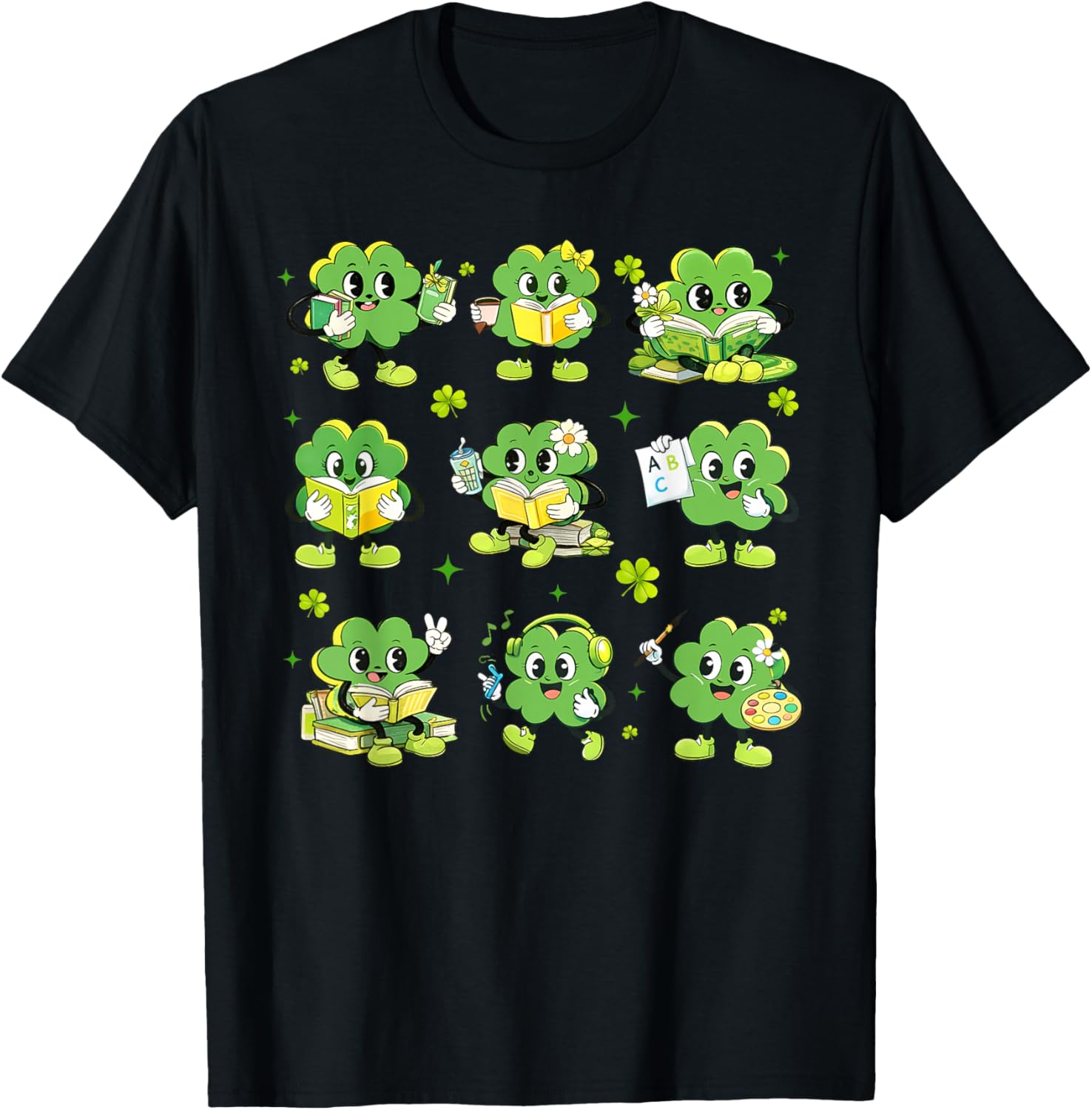 St Patricks Day Shamrock Reading Books Teacher Boys Girls T-Shirt - T-Shirt | Black