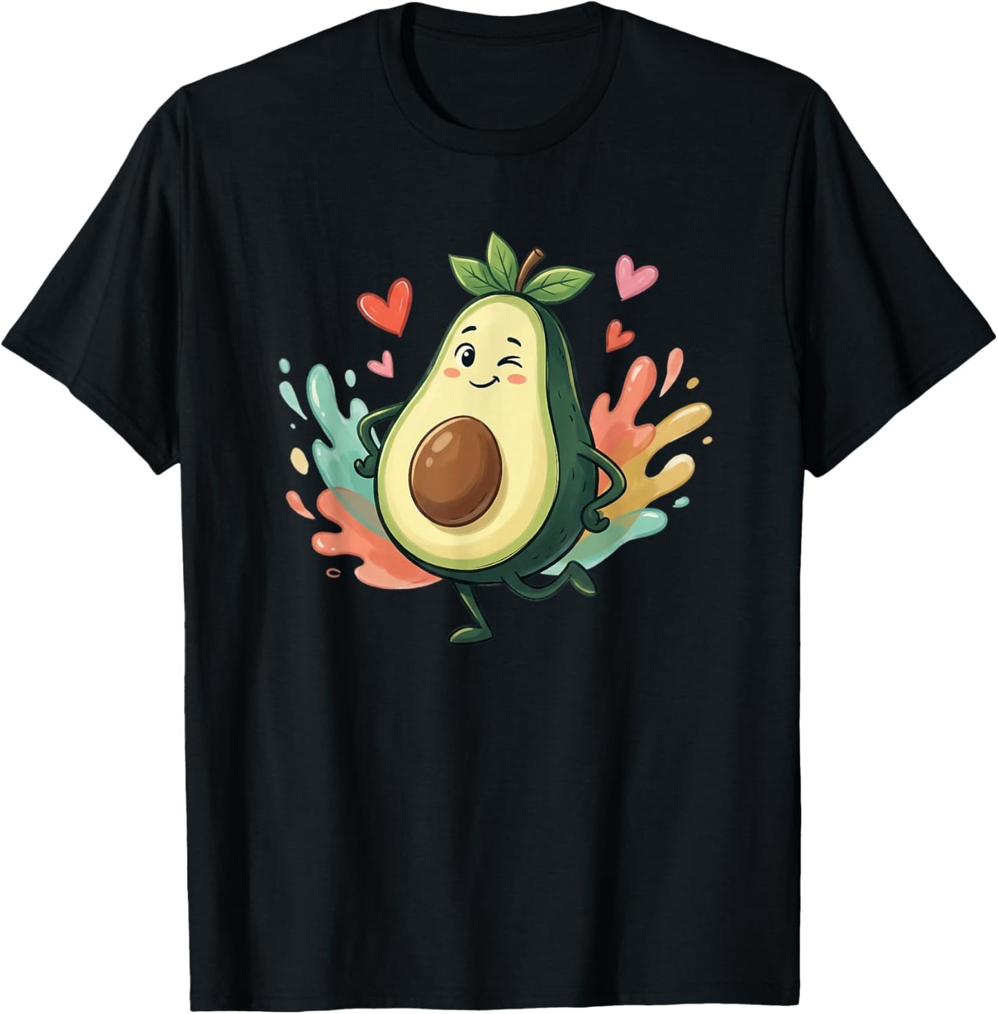 Cute Kawaii Avocado Walking with Hearts Around T-Shirt - T-Shirt | Black