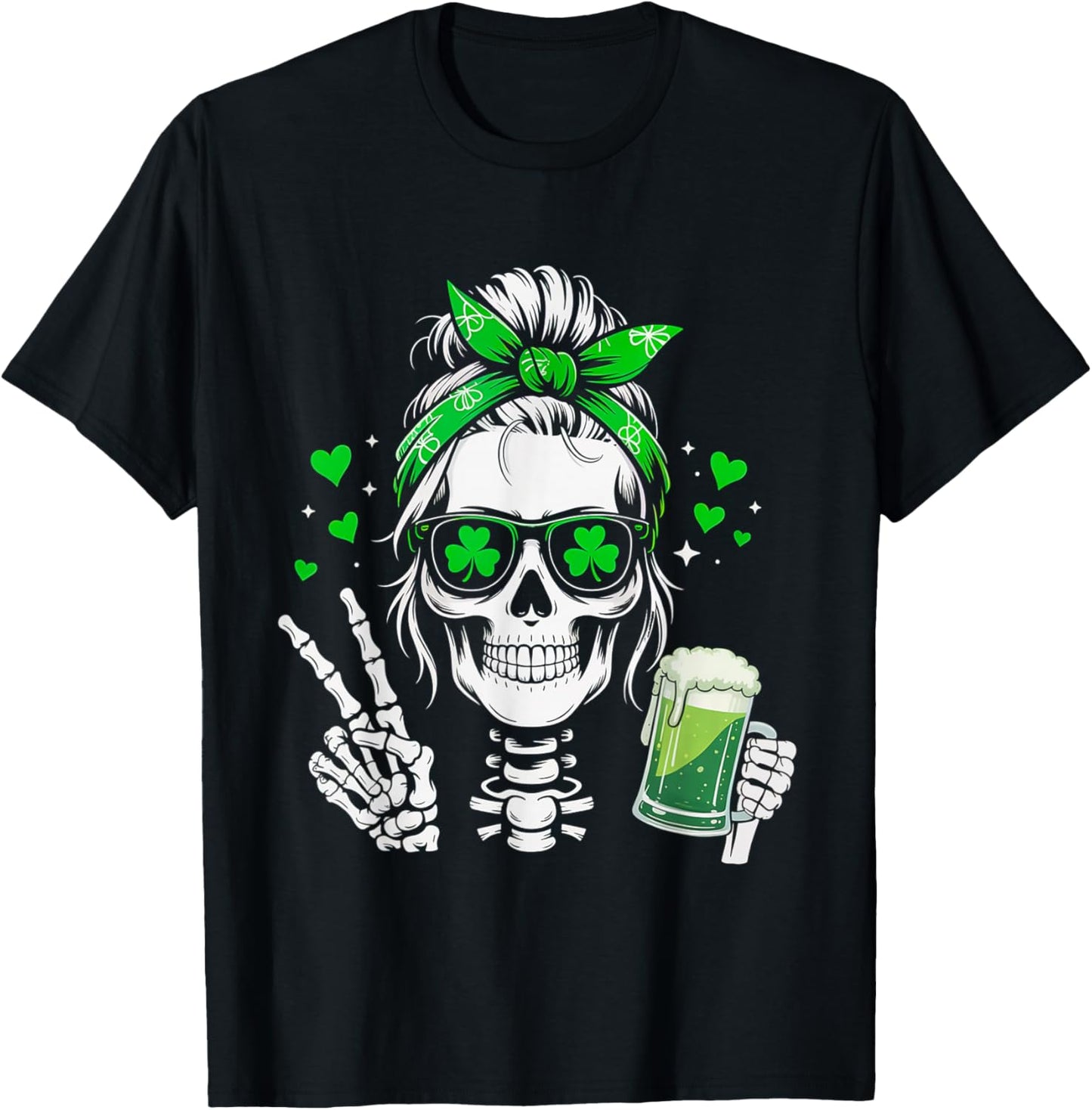 Skull Sunglass Messy Bun Irish Peace St Patrick's Day Women T-Shirt - T-Shirt | Black