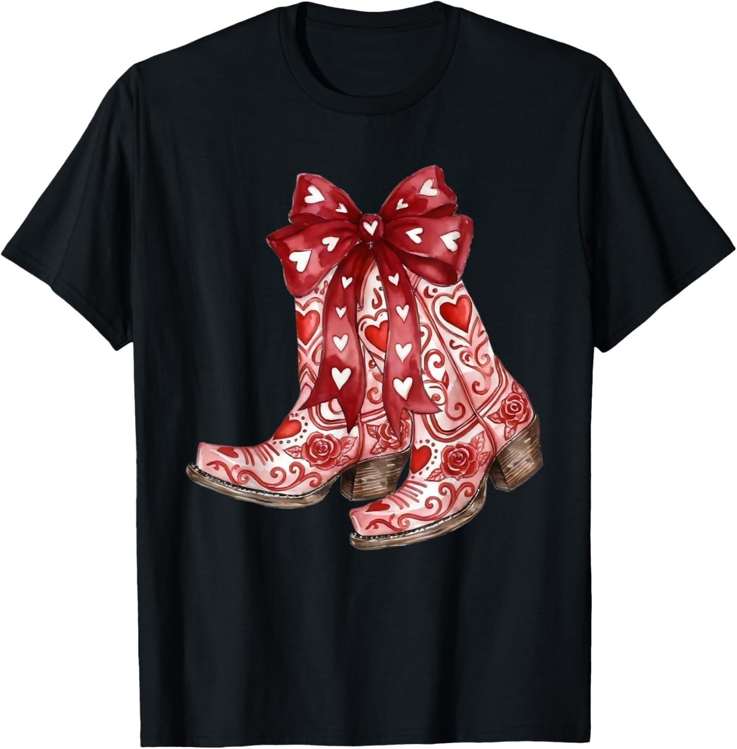 Retro Cowgirl Boots Red Coquette Bow Hearts Valentines Day T-Shirt - T-Shirt | Black