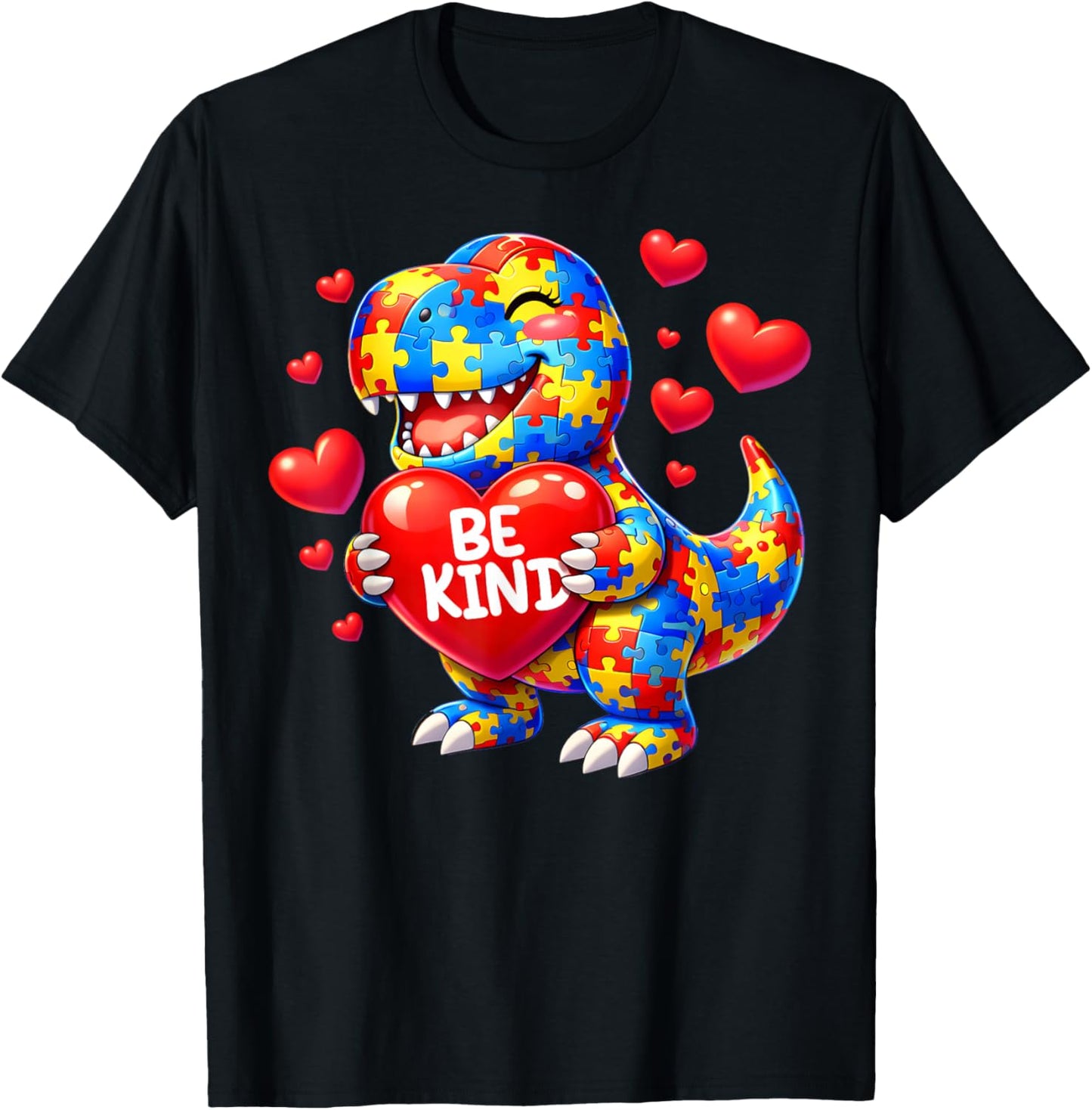 Autism Awareness Puzzle T Rex Dinosaur Be Kind Men Women Kid T-Shirt - T-Shirt | Black