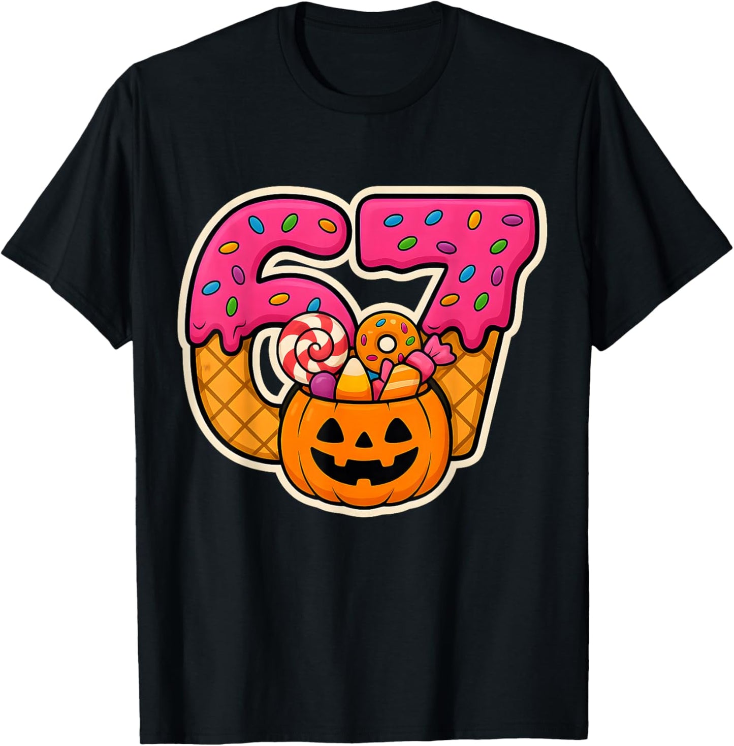 Funny Donut Number 67 Halloween Birthday Kids Candy Pumpkin T-Shirt - T-Shirt | Black