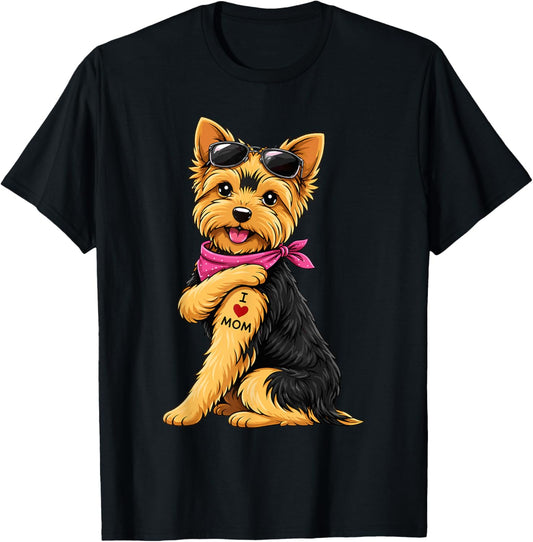 YorkieTattooed Yorkshire Terrier I Love Mom Dog Lover T-Shirt - T-Shirt | Black