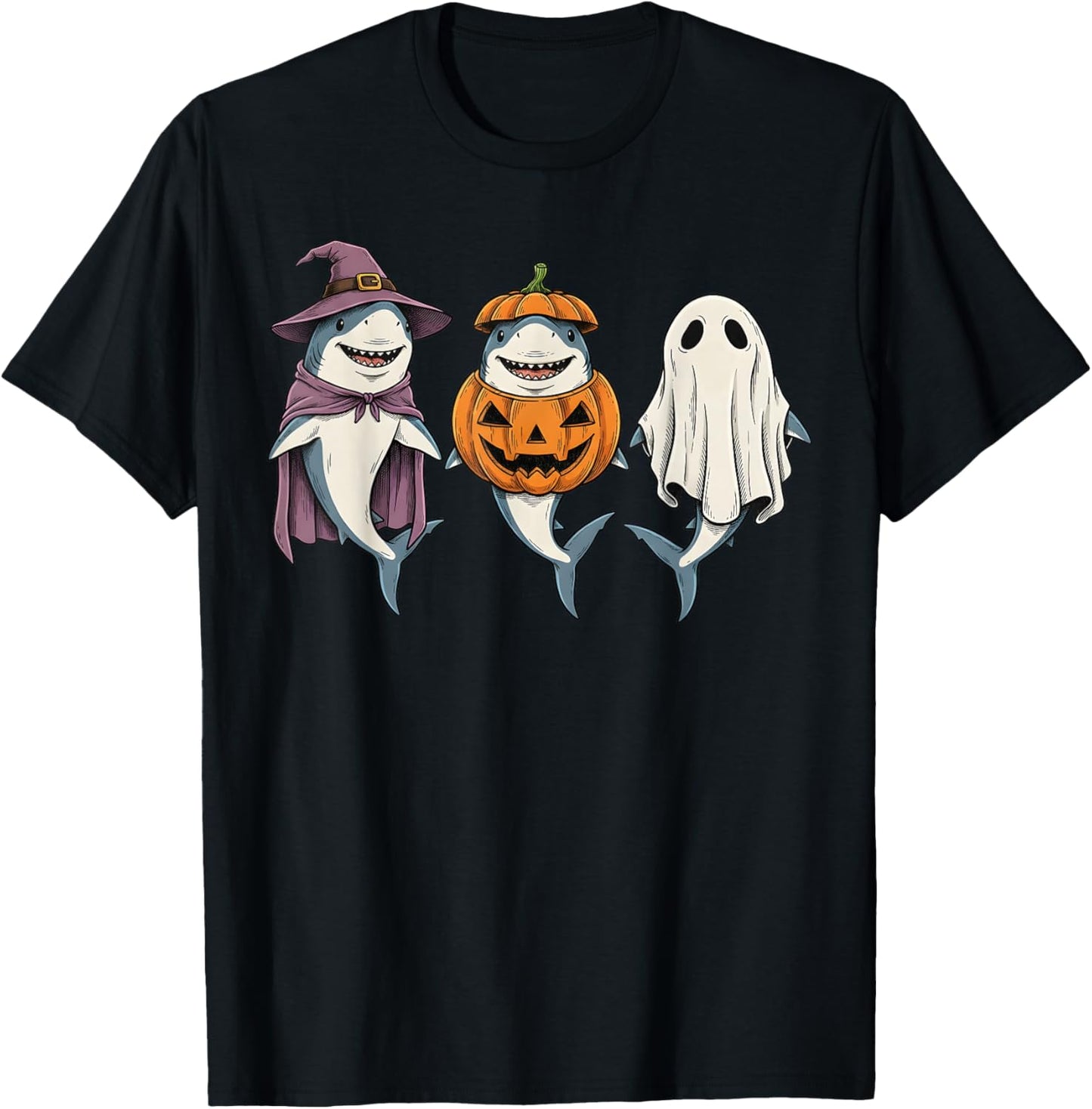Spooky Ghost Shark Lover Pumpkin Halloween T-Shirt - T-Shirt | Black