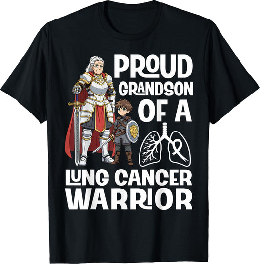 Proud Grandson of A Lung Cancer Warrior Awareness Grandma T-Shirt - T-Shirt | Black