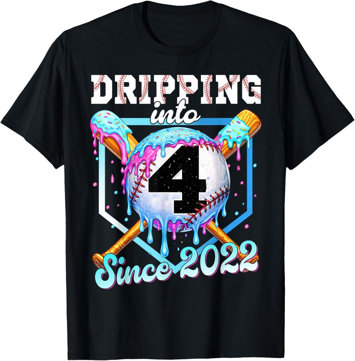 4 Years Old Baseball Ice Cream 4th Birthday Boys Since 2022 T-Shirt - T-Shirt | Black