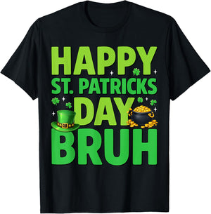 Happy St Patrick's Day Bruh Leprechaun Hat Shamrock Boy Kids T-Shirt - T-Shirt | Black