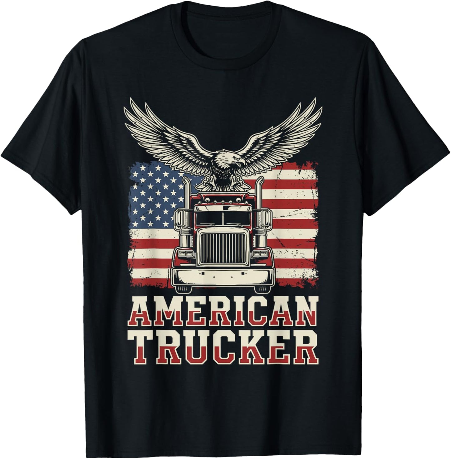 American Trucker Bald Eagle US Flag Patriotic Truck Driver T-Shirt - T-Shirt | Black
