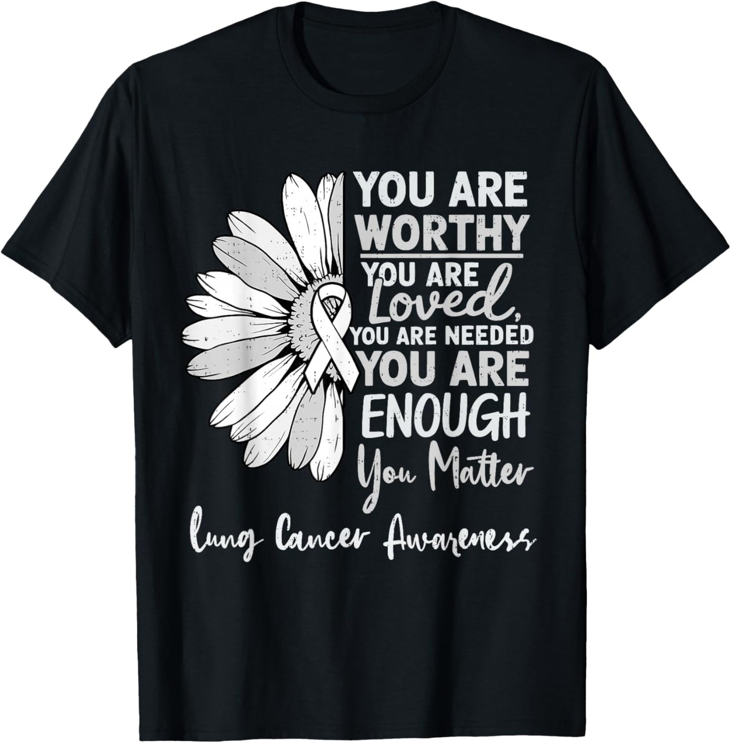 Motivational Lung Cancer Awareness Sunflower White Ribbon T-Shirt - T-Shirt | Black