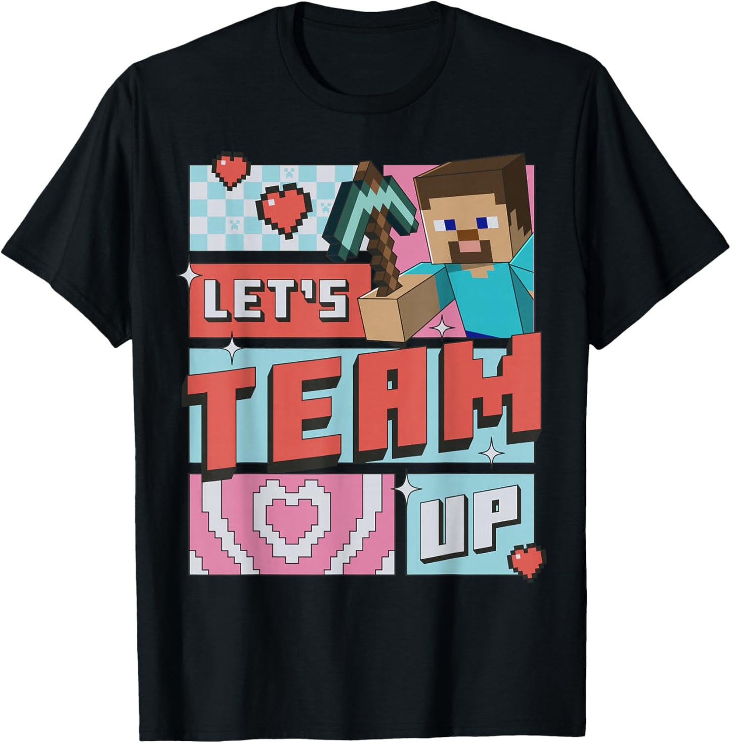 Minecraft Steve Team Up Retro Love T-Shirt - T-Shirt | Black