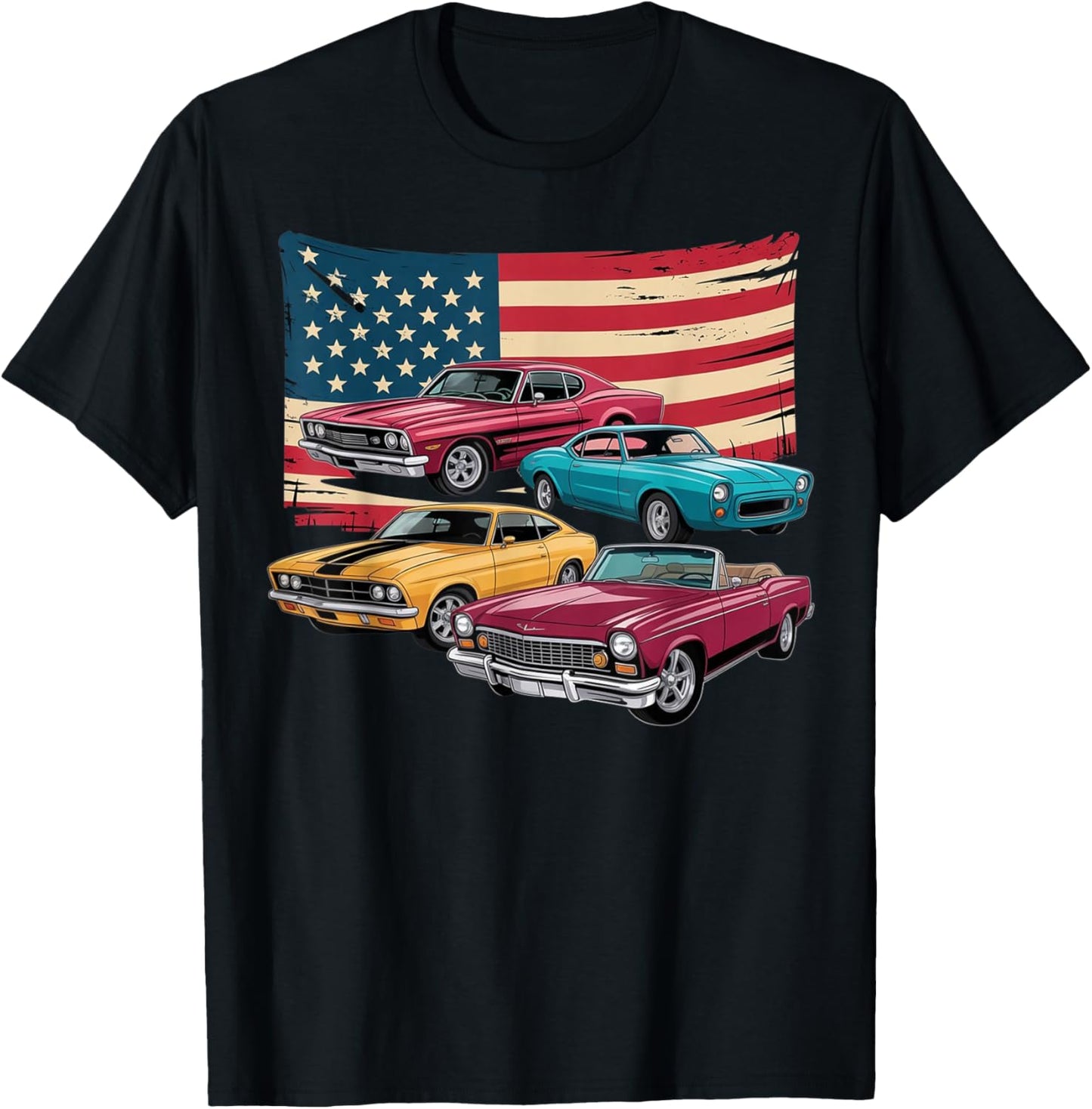 Patriotic American Flag Vintage Muscle Car T-Shirt - T-Shirt | Black