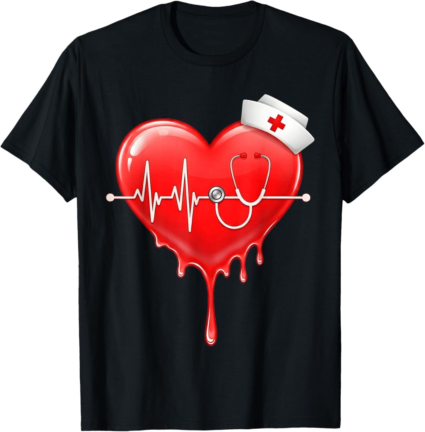 Valentines Day Nurse Dripping Heartbeat Stethoscope Medical T-Shirt - T-Shirt | Black