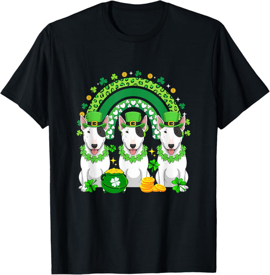 Three Cute Bull Terriers St. Patrick's Day Shamrocks Rainbow T-Shirt - T-Shirt | Black