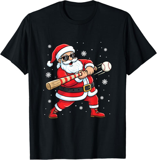 Santa Playing Baseball - Baseball Lover Baseballer Xmas T-Shirt - T-Shirt | Black