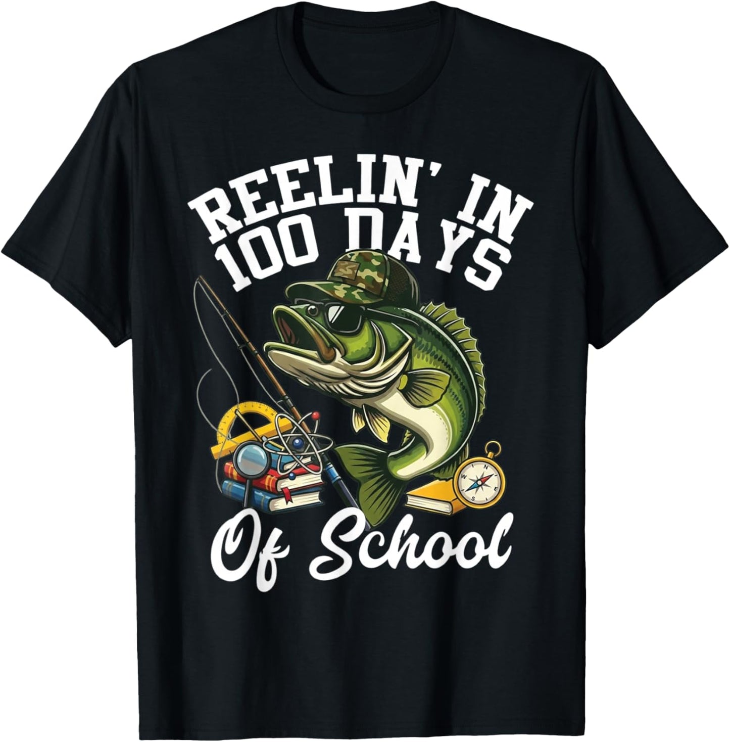 Reelin' in 100 Days of School Bass Camo Fishing Lover Boys T-Shirt - T-Shirt | Black