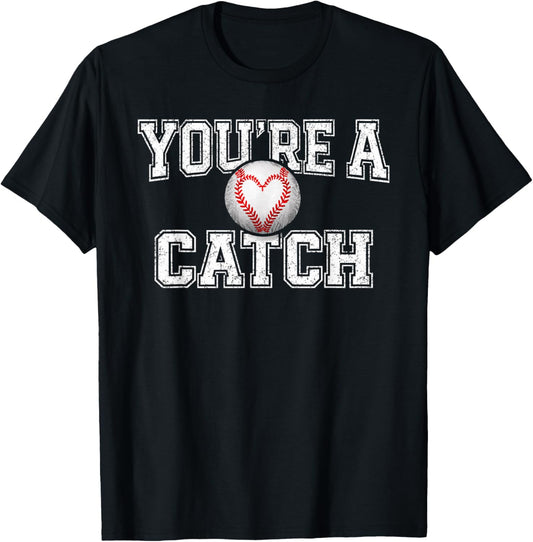Funny You're A Catch Baseball Pun Heart Kids Boys Valentines T-Shirt - T-Shirt | Black