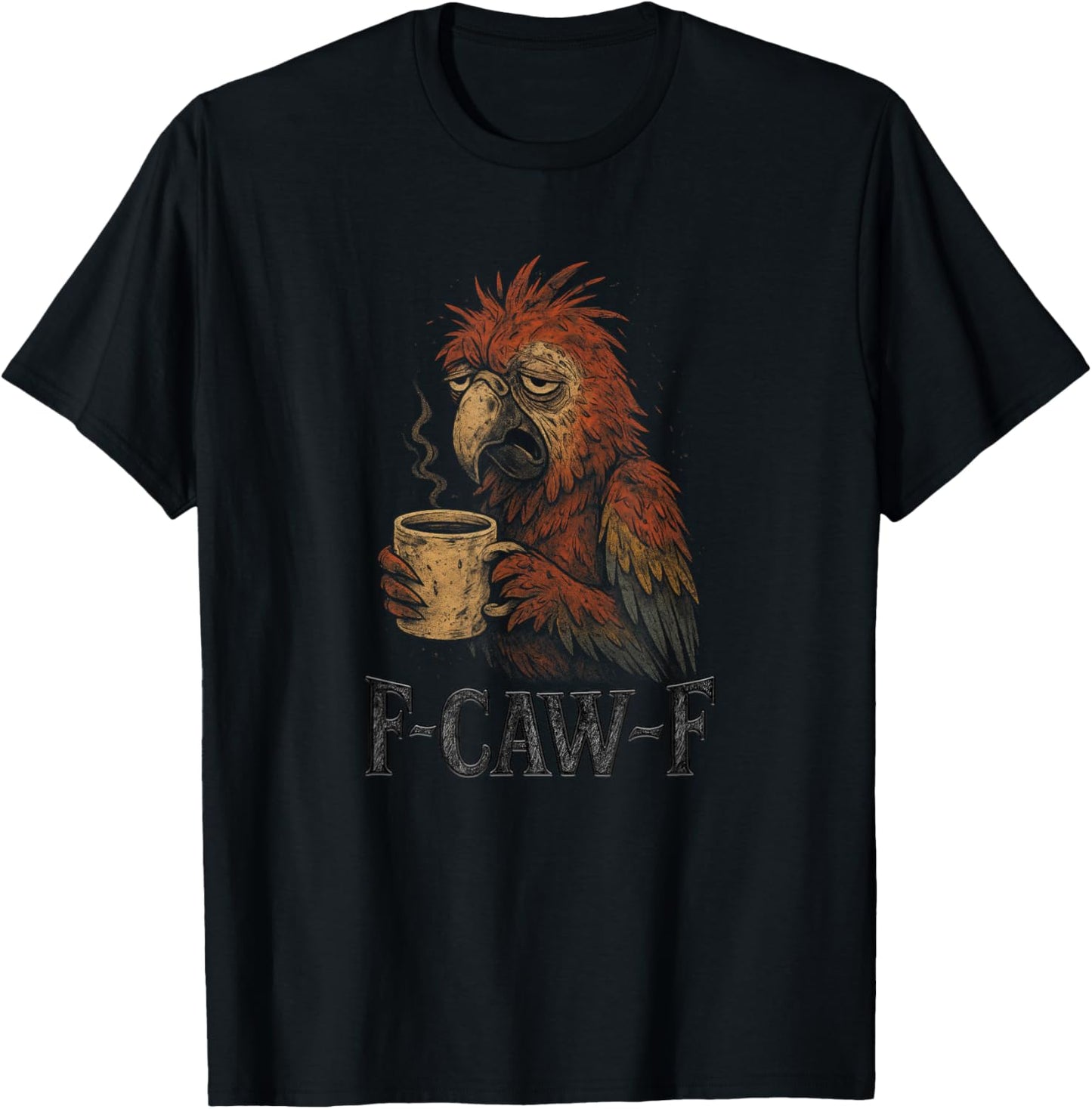 Macaw Parrot - Funny Tired Bird Drinking Coffee Meme Vintage T-Shirt - T-Shirt | Black