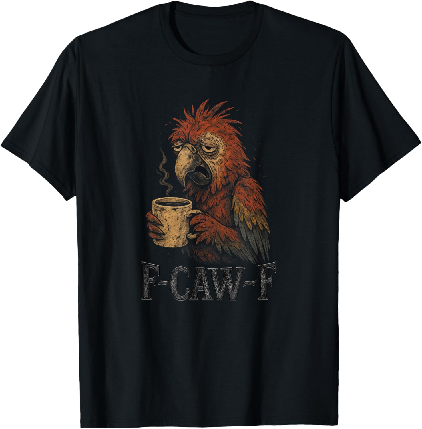 Macaw Parrot - Funny Tired Bird Drinking Coffee Meme Vintage T-Shirt - T-Shirt | Black