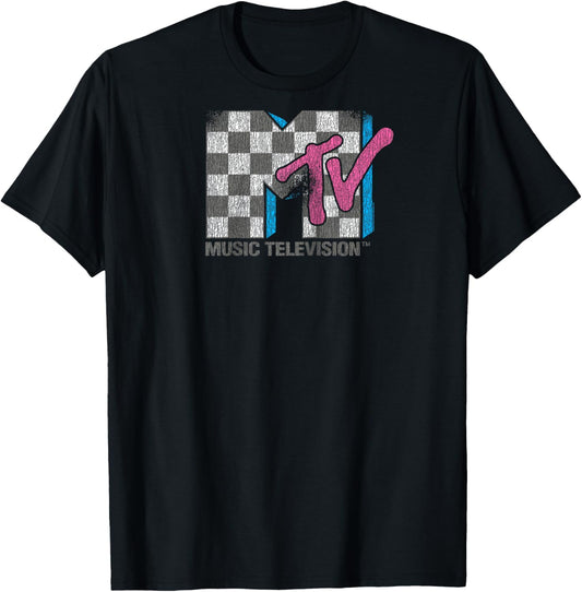 MTV Distressed Vintage Checkerboard Logo Music Television Raglan Baseball T-Shirt - T-Shirt | Black