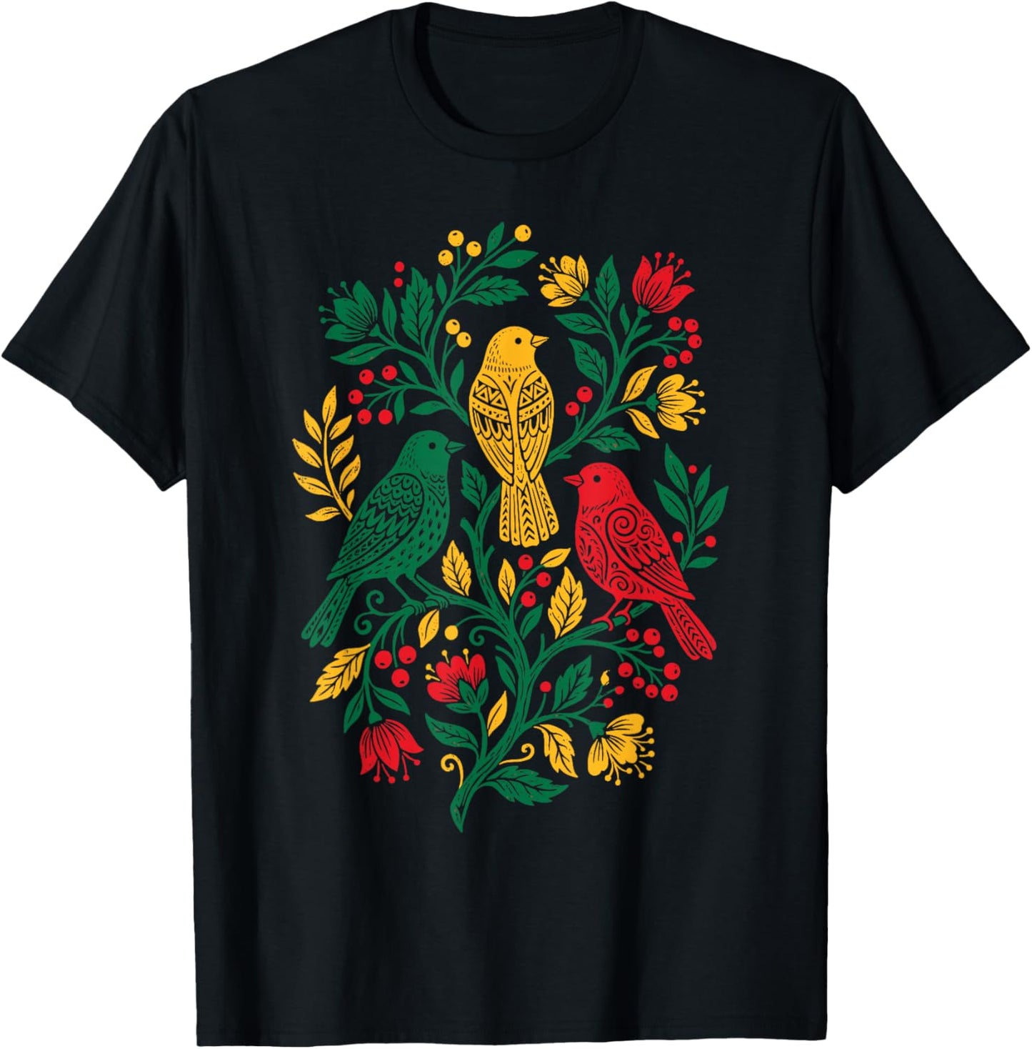 Rasta Reggae Roots Three Birds Jamaica Folk Art Floral T-Shirt - T-Shirt | Black