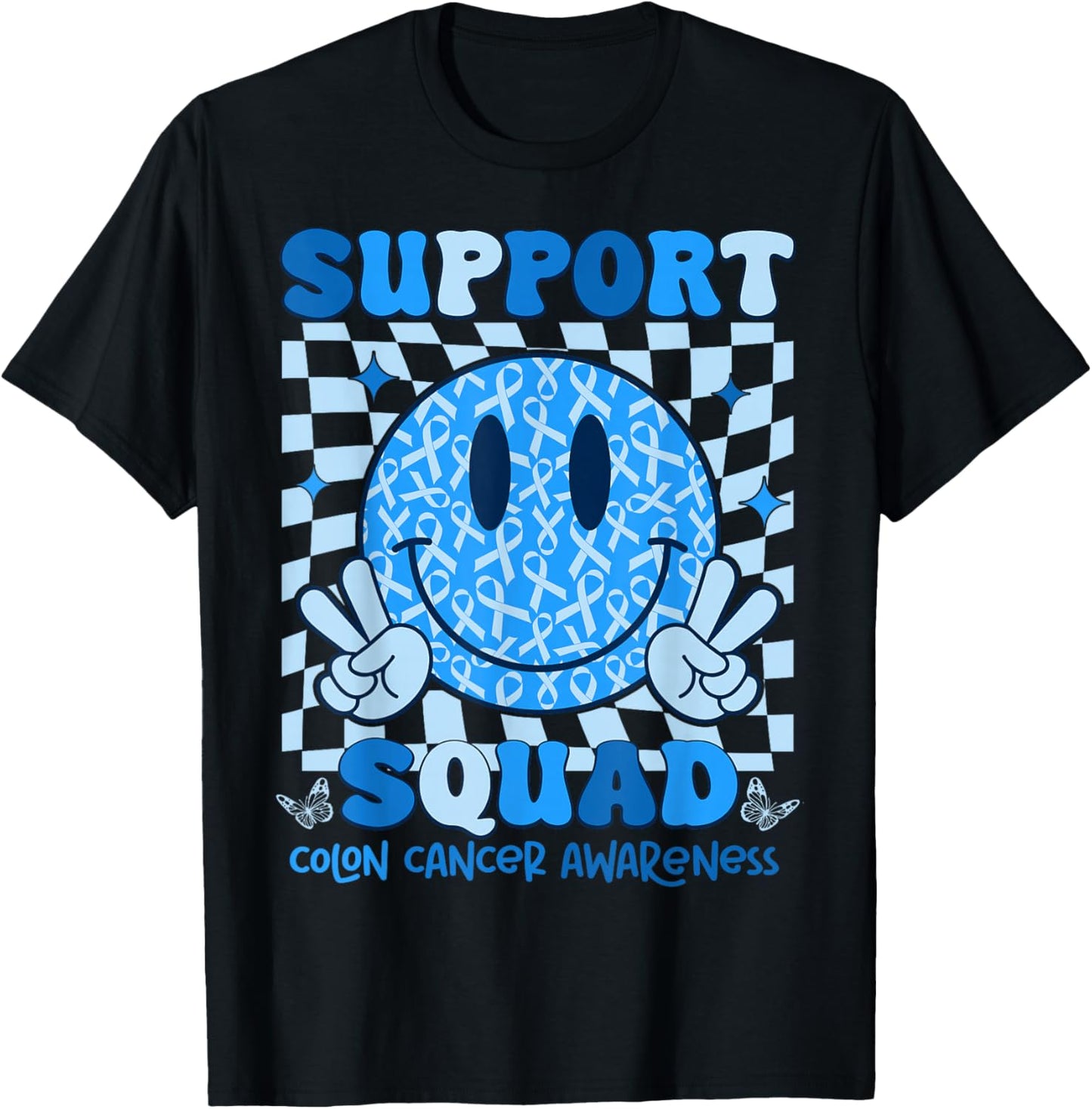 Retro Support Squad Blue Ribbon Colon Cancer Awareness T-Shirt - T-Shirt | Black