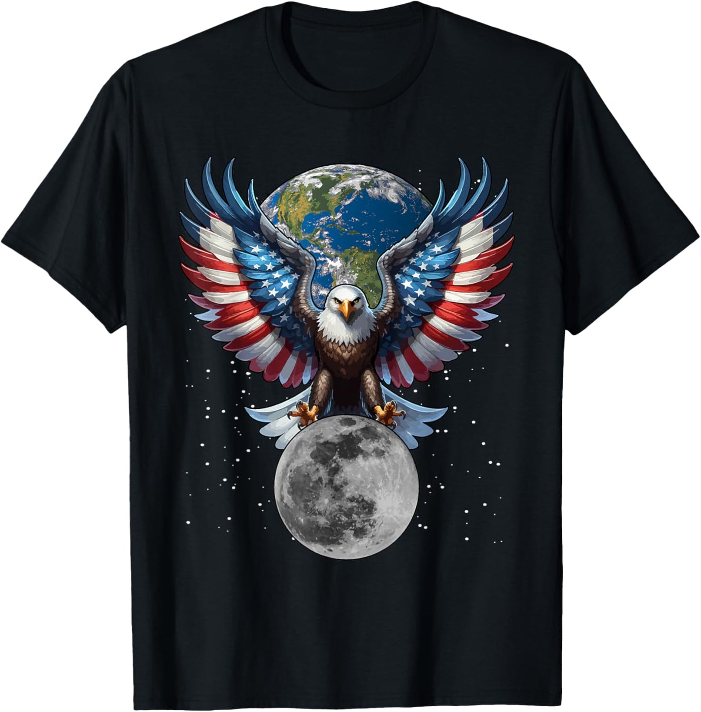 Patriotic USA Eagle with The Earth and Moon Design T-Shirt - T-Shirt | Black