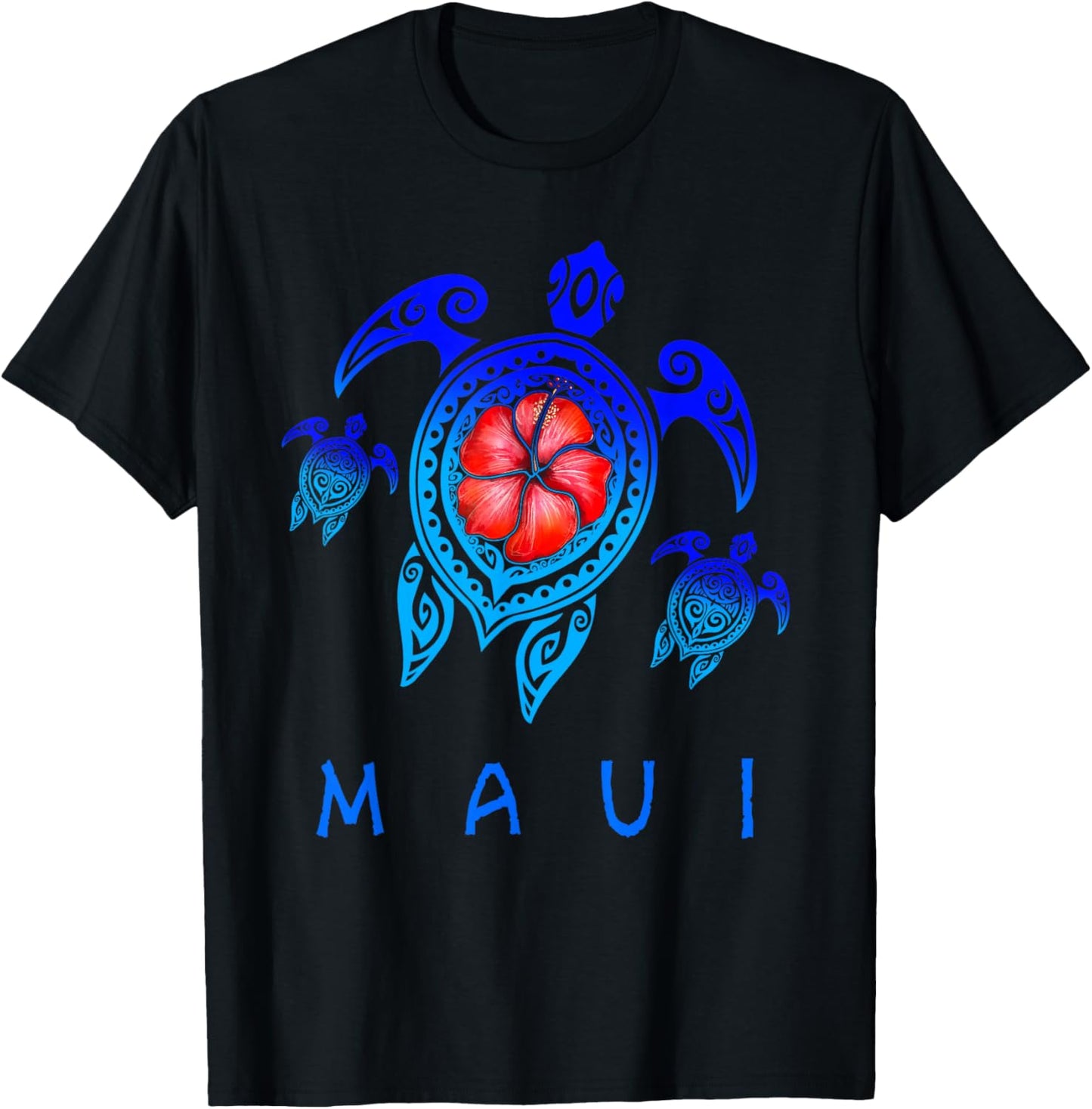 Maui Hawaii Sea Turtle Blue Tribal Hibiscus T-Shirt - T-Shirt | Black