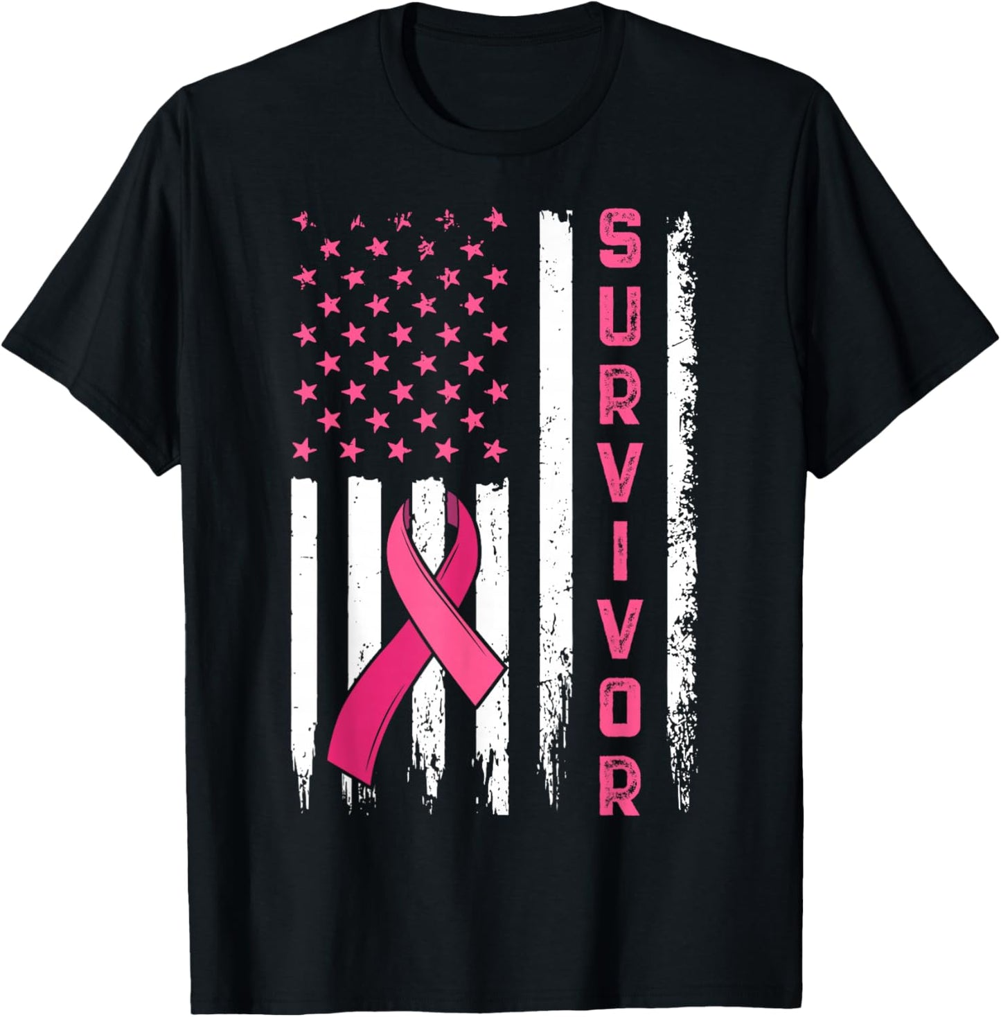 Survivor Breast Cancer Awareness Pink Ribbon US Flag T-Shirt - T-Shirt | Black