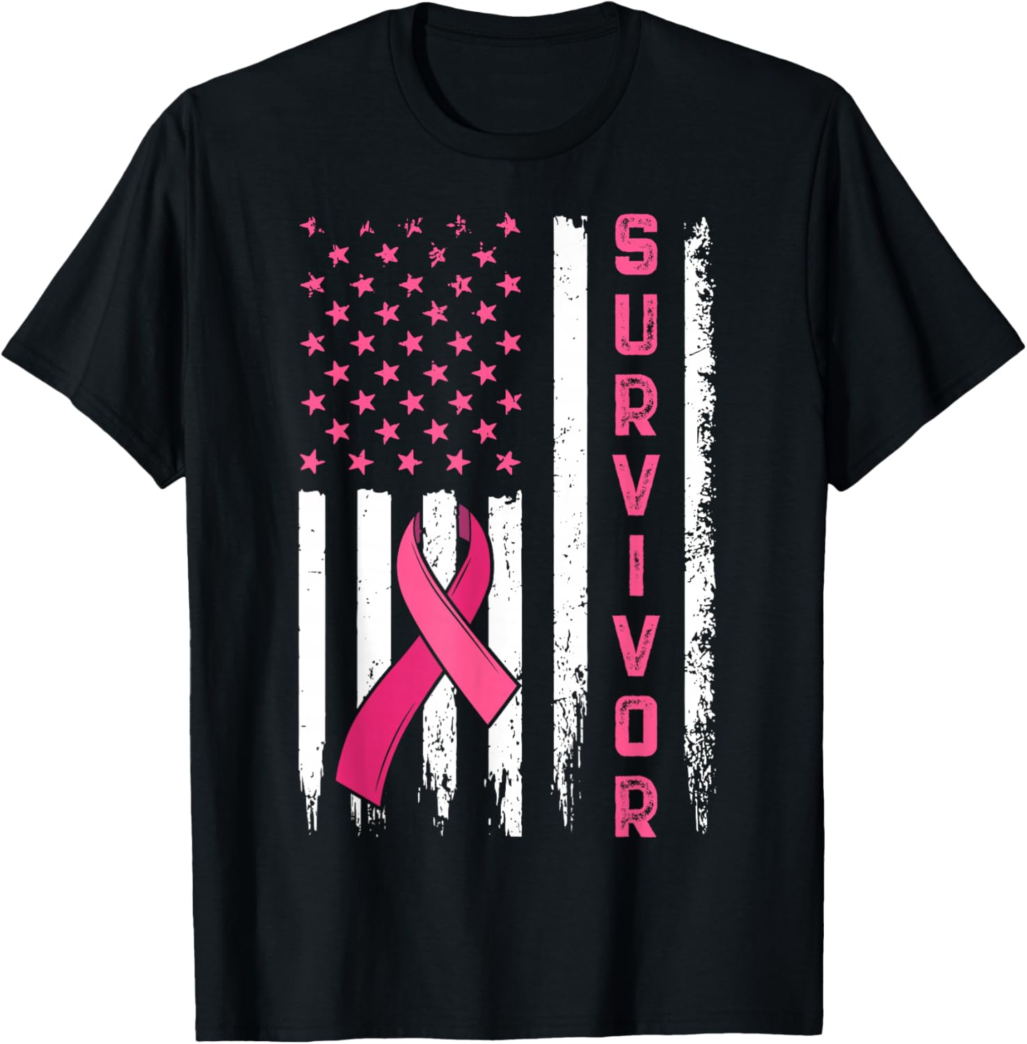 Survivor Breast Cancer Awareness Pink Ribbon US Flag T-Shirt - T-Shirt | Black