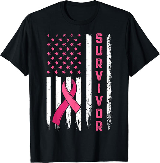 Survivor Breast Cancer Awareness Pink Ribbon US Flag T-Shirt - T-Shirt | Black