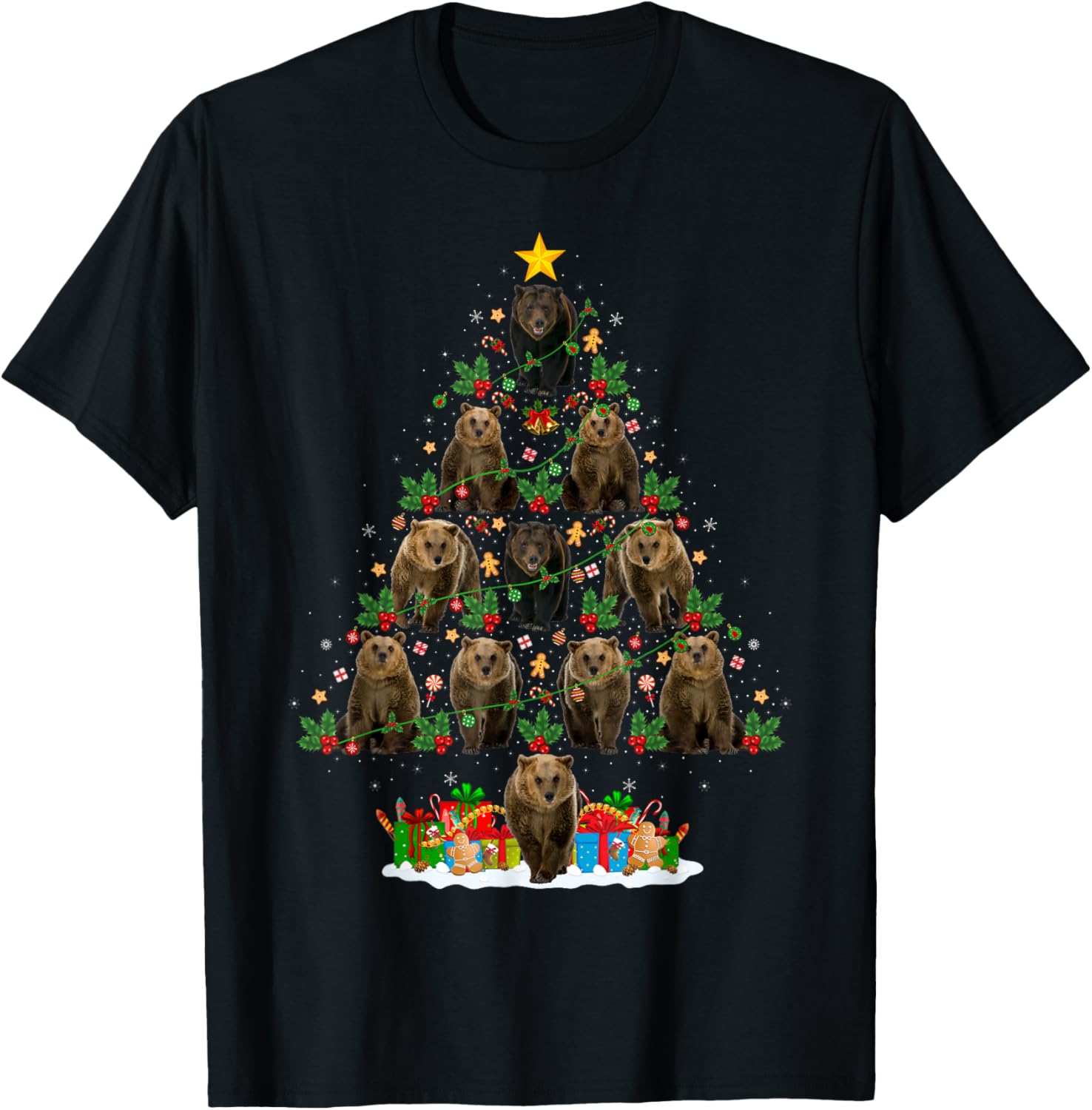 Bear Christmas Tree Lights Santa Bear Animal Lover Xmas T-Shirt - T-Shirt | Black